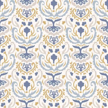 Fransız Mavisi, pejmürde, şık damaske vektör dokusu arka planı. Antika beyaz, mavi, pürüzsüz desen. El çizimi iç dekorasyon duvar kağıdı kumaşı. Her yerde klasik barok madalyonu var.