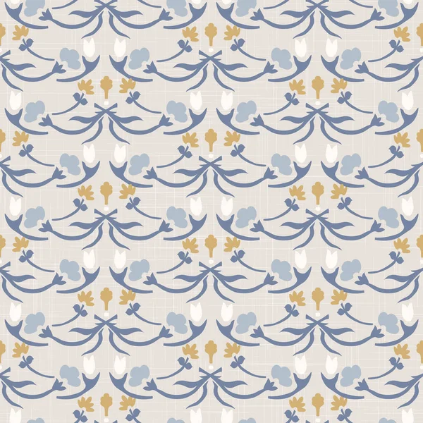 Francês blu shabby chique damasco fundo textura vetor. Padrão sem costura azul amarelo branco antigo. Mão desenhado floral interior papel de parede casa decoração swatch. Medalhão barroco clássico por toda a impressão — Vetor de Stock