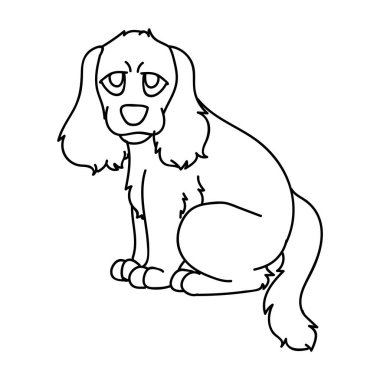 Sevimli çizgi film monokrom çizgi film çizimi köpek yavrusu cocker spaniel köpek vektör clipart. Köpek sevenler için soylu köpek kulübesi. Evcil hayvan salonu illüstrasyon maskotu için safkan evcil hayvan. İzole köpek avı. 