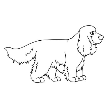 Sevimli çizgi film monokrom çizgi film doğrucu spanyel köpek vektör clipart. Köpek sevenler için soylu köpek kulübesi. Evcil hayvan salonu illüstrasyon maskotu için safkan evcil köpek yavrusu. İzole köpek avı. 