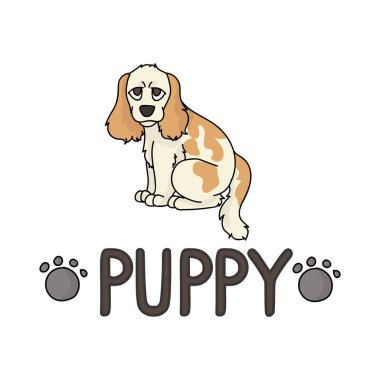 Tatlı çizgi film cocker spaniel köpek yavrusu mesaj ve pençe izi vektör clipart ile. Köpek sevenler için soylu köpek kulübesi. Evcil hayvan bakımı için safkan köpek. İzole edilmiş av köpeği. EPS 10. 