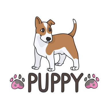 Metin kelime ve pençe izi vektör klibiyle şirin bir karikatür köpek yavrusu. Köpek sevenler için soylu köpek kulübesi. Evcil hayvan bakımı için safkan köpek. İzole gösteri köpeği. EPS 10. 