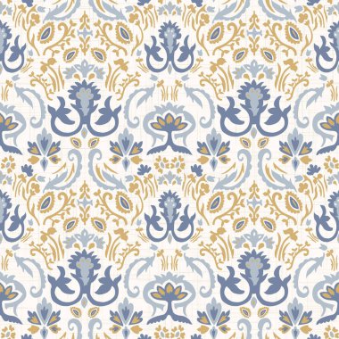 Fransız Mavisi, pejmürde, şık damaske vektör dokusu arka planı. Antika beyaz, mavi, pürüzsüz desen. El çizimi iç dekorasyon duvar kağıdı kumaşı. Her yerde klasik barok madalyonu var.