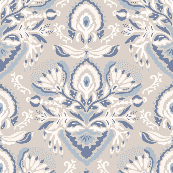 French blu shabby chic damask vector texture background. Antique white blue heart seamless pattern. Hand drawn floral interior wallpaper home decor swatch. Classic baroque medallion all over print