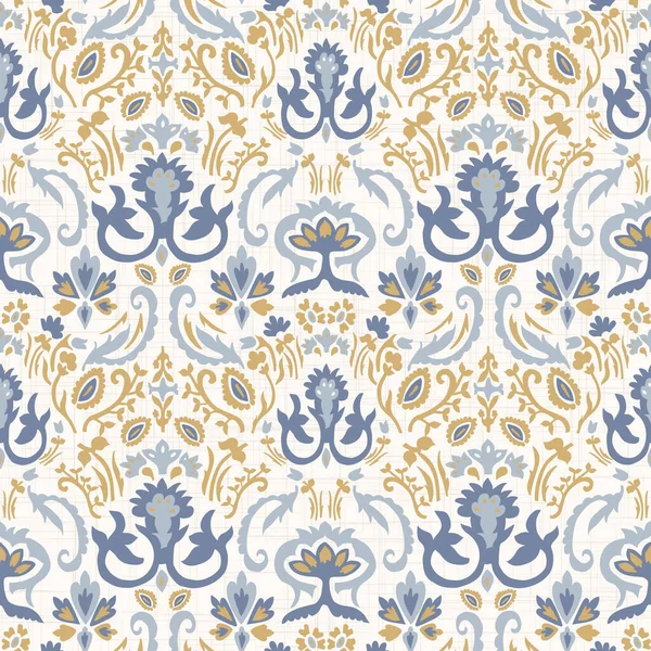 Francia blu kopott elegáns damaszt vektor textúra háttér. Antik fehér sárga kék zökkenőmentes minta. Kézzel rajzolt virágos belső tapéta lakberendezési minta. Klasszikus barokk medál az egész nyomtatásban — Stock Vector