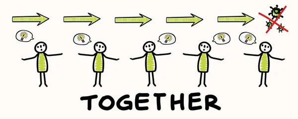 Corona virüsü krizi, birlikte tek bir bayrak gibi çalışıyor. Covid 19 Stickman Infographic 'i yen. Toplum sosyal medyaya yardım ediyor. Viral salgın destek mesajı. Bu konsept posterine ulaş 