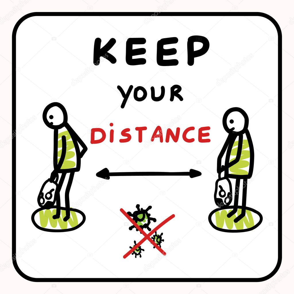 Corona virus cartoon social distancing infographic. Viral flu help stick figure banner. Educational graphic for keep your distance warning sign .Vector safety caution pandemic save lives awareness.