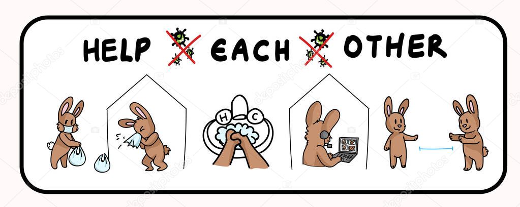  Corona virus crisis help each other banner poster. Stay positive covid 19 infographic for kids. Community help social media clipart. Childrens support message. In this together share cartoon concept 