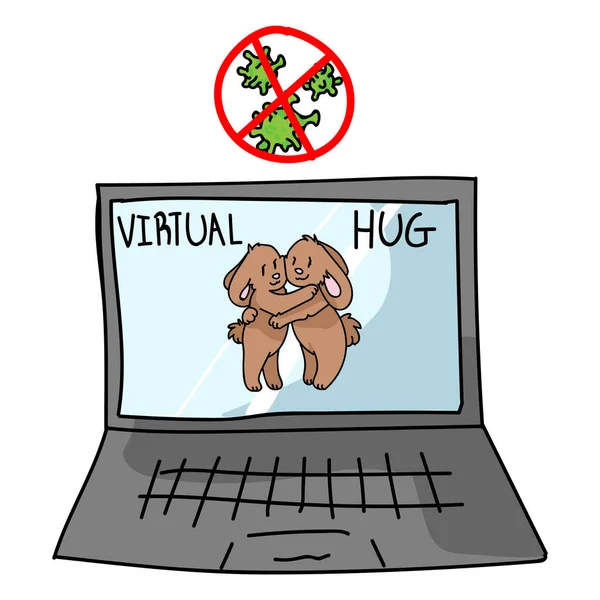 Het verzenden van virtuele knuffel corona virus crisis schattig konijn op laptop. Versla Sars Cov 2 blijf thuis infographic. Sociale media liefde. Virale pandemische ondersteuningsboodschap. Bereik samen door sticker vector. — Stockvector