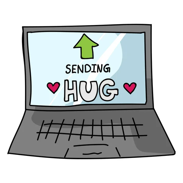 Sending virtual hug corona virus crisis text on laptop. Defeat sars cov 2 stay home infographic. Social media love. Viral pandemic support message. Outreach get through together sticker vector. — Stock Vector