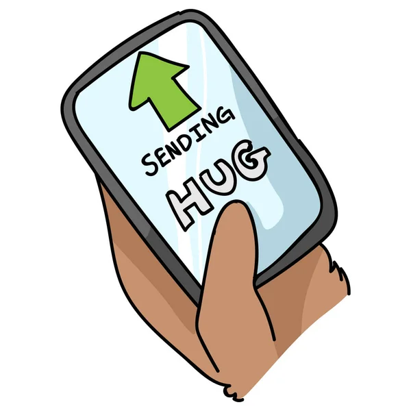 Sending virtual hug corona virus crisis text on smartphone. Defeat sars cov 2 stay home infographic. Social media love. Viral pandemic support message. Outreach get through together sticker vector. — Stock Vector