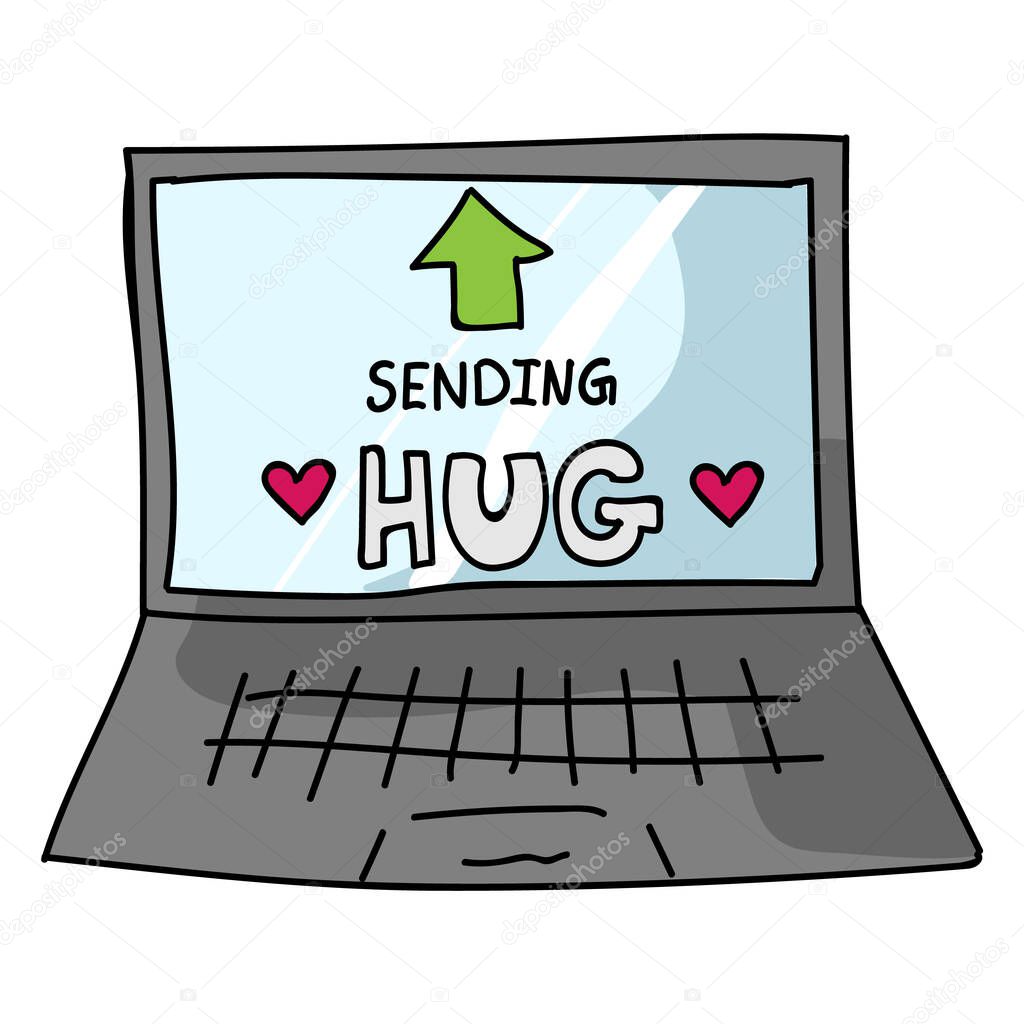 Sending virtual hug corona virus crisis text on laptop. Defeat sars cov 2 stay home infographic. Social media love. Viral pandemic support message. Outreach get through together sticker vector. 