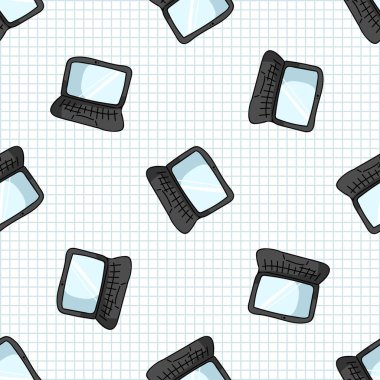 Elle çizilmiş karikatür dizüstü bilgisayarı kusursuz vektör deseninde çalışmak için dağıtıldı. İletişim bilgisayar kolaylığı için ofis internet işi. Her yerde stilize iş aleti var. EPS 10. 