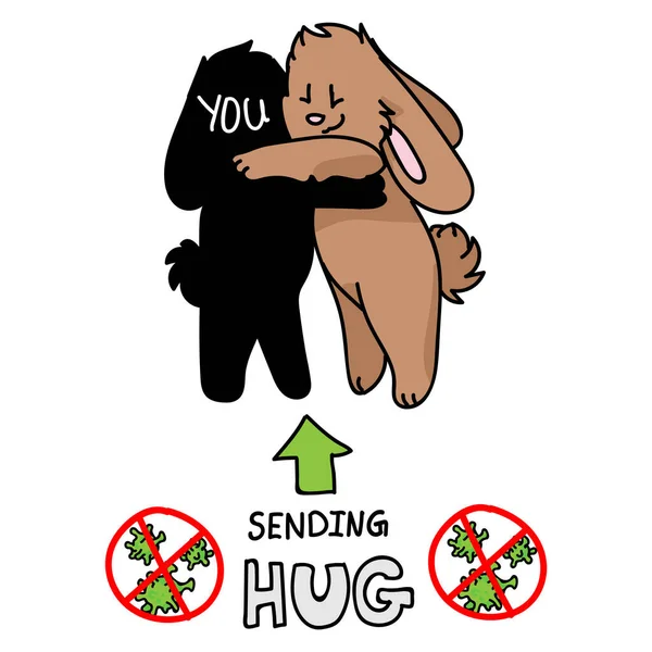 Sending virtual hug corona virus crisis cute bunnies hugging. Defeat sars cov 2 social distancing infographic. Social media love. Viral pandemic support message. Outreach get through together vector. — Stock Vector