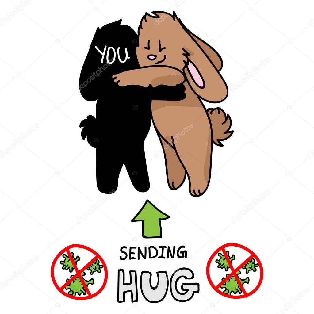 Sending virtual hug corona virus crisis cute bunnies hugging. Defeat sars cov 2 social distancing infographic. Social media love. Viral pandemic support message. Outreach get through together vector.