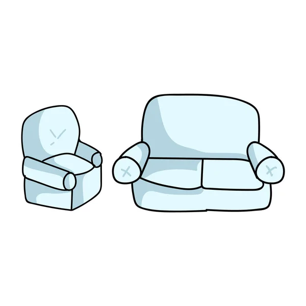 Bonito sofá lounge desenhos animados e poltrona para clipart vetor de móveis domésticos. Home decoração sala de estar sofá assento para a vida conforto ilustração. Gráfico estilizado de relaxamento desenhado à mão. EPS Isolado 10 . —  Vetores de Stock