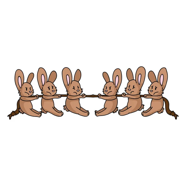 Conejos lindos dibujados a mano jugando tira y afloja ilustración vectorial. Esfuerzo competitivo para ganar el deporte de cuerda. Imagen gráfica de dibujos animados de trabajo en equipo y fuerza para el éxito. Concurso de cooperación vectorial . — Vector de stock