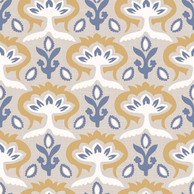 Fransız Mavisi, pejmürde, şık damaske vektör dokusu arka planı. Antika beyaz, mavi, pürüzsüz desen. El çizimi iç dekorasyon duvar kağıdı kumaşı. Her yerde klasik barok madalyonu var.