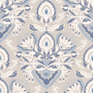 Fransız Mavisi, pejmürde, şık damaske vektör dokusu arka planı. Antika beyaz kalp pürüzsüz desen. El çizimi iç dekorasyon duvar kağıdı kumaşı. Her yerde klasik barok madalyonu var.
