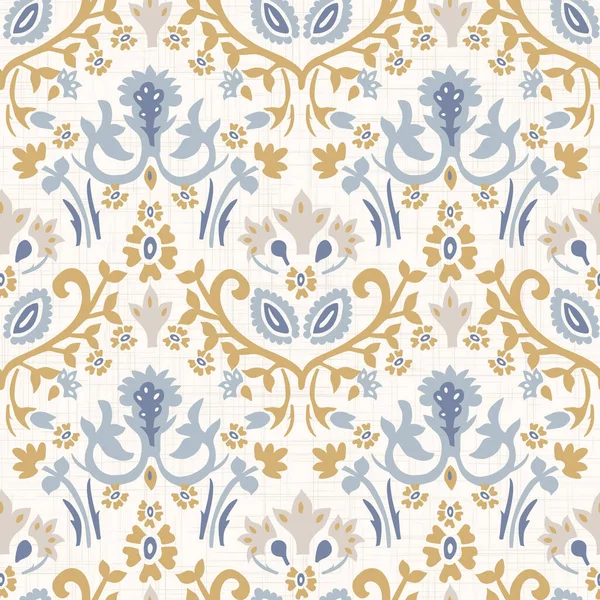 Francia blu kopott elegáns damaszt vektor textúra háttér. Antik fehér sárga kék zökkenőmentes minta. Kézzel rajzolt virágos belső tapéta lakberendezési minta. Klasszikus barokk medál az egész nyomtatásban — Stock Vector