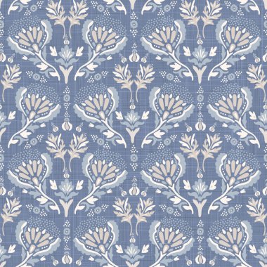 Fransız Mavisi, pejmürde, şık damaske vektör dokusu arka planı. Antika beyaz mavi çiçek pürüzsüz desen. El çizimi iç dekorasyon duvar kağıdı kumaşı. Her yerde klasik barok madalyonu var.