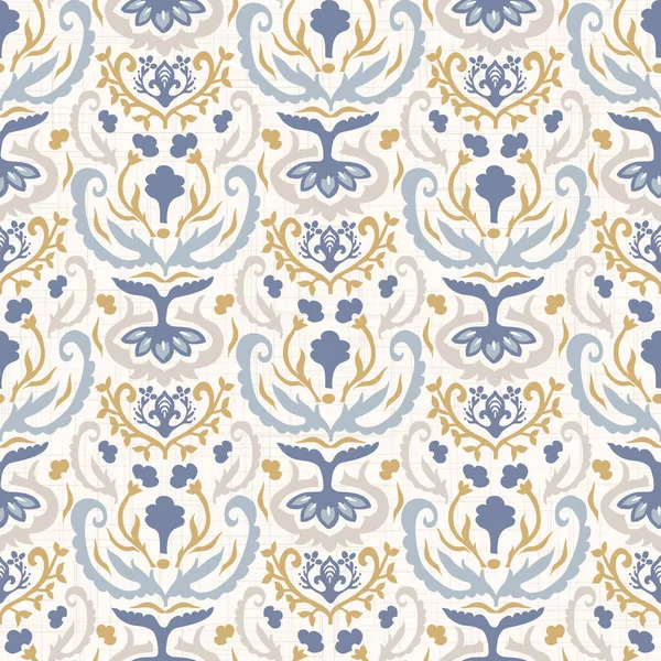 Fransız Mavisi, pejmürde, şık damaske vektör dokusu arka planı. Antika beyaz, mavi, pürüzsüz desen. El çizimi iç dekorasyon duvar kağıdı kumaşı. Her yerde klasik barok madalyonu var.