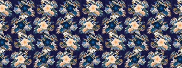 휘어진 그래픽 데이지 꽃 이 미끌미끌 한 국경 무늬를 가지고 있다. 현대의 역학자들은 꽃 배경을 가지고 있습니다. 환각적 인 유행은 전형적 인 파란색의 볼품없는 꽃 깃발이다. 생생 한 1980 스타일 리본 트림 모서리 — 스톡 벡터