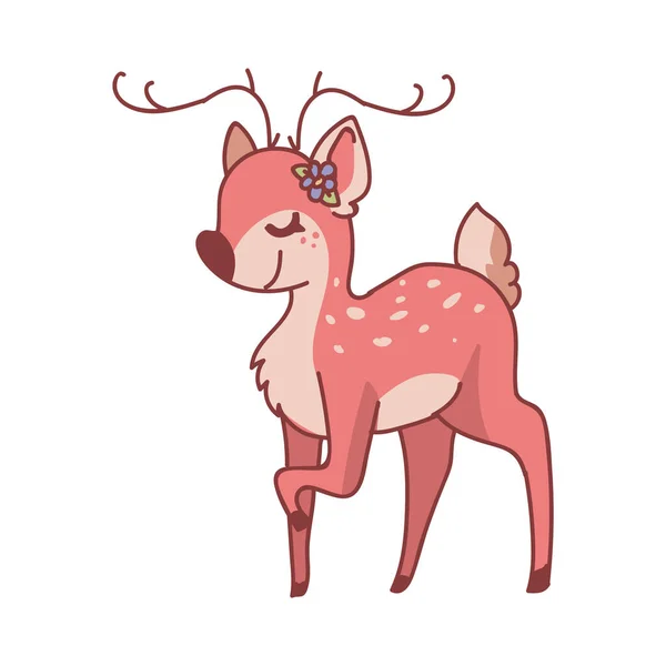 Pink cute cartoon stylized deer animal illustration. Kawaii girly doe with flower. Childish hand drawn doodle style. For baby nursery decor, boho kids fashion, trendy doodle woodland graphic design. — Stock Vector