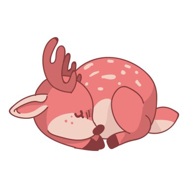 Pembe kawaii uyuyan geyik hayvan çizimi. Çiçek taçlı pembe ceylan. Çocuksu el çizimi tarzı. Bebek odası dekorasyonu için, boho çocuklar için moda, moda karalama ormanlık grafik tasarımı