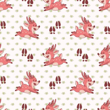 Toynak izi olmayan sevimli çizgi film geyiği. Kawaii dişi geyik dişi düz renk arka plan. Çocuksu el çizimi tarzı. Bebek odası dekoru için, boho çocuk modası, ormanlık tekstil kumaşı..