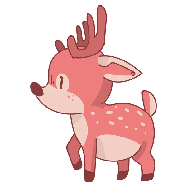 Rosa kawaii cartoon deer animal illustration. Rosafarbenes mädchenhaftes Reh mit Blütenkrone. Kindlich handgezeichneter Doodle-Stil. Für Kinderzimmer-Dekor, Boho-Kindermode, trendige Doodle-Waldgrafik — Stockvektor