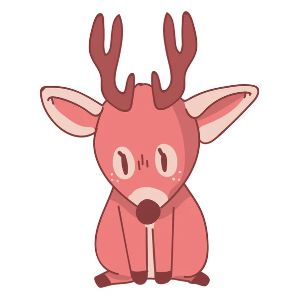 Pink kawaii cartoon sitting deer animal illustration. Nettes mädchenhaftes Reh mit Geweih. Kindlicher handgezeichneter Stil. Für Kinderzimmer-Dekor, Boho-Kindermode, trendige Doodle-Waldgrafik — Stockvektor