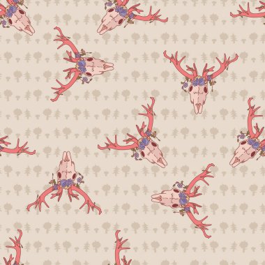 Pembe kawaii çizgi filmi geyik kafatası, kusursuz hayvan deseni. Geyik boynuzu geçmişi olan tatlı bir dişi geyik. Çocuksu el çizimi tarzı. Bebek odası dekorasyonu için Orman Tekstili. 