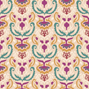 Eski Hint Arabesk Damaske kusursuz vektör deseni. Baharat rengi Marsala kırmızı sarı ortadoğu tarzı arka plan. Her yerde klasik etnik dekoratif çiçek madalyonu var.