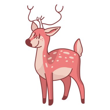 Pembe kawaii çizgi film stilize edilmiş geyik hayvan çizimi. Boynuzları olan tatlı dişi geyik. Çocuksu el çizimi tarzı. Yavru geyik yuvası dekoru için, boho çocuk modası, moda karalama ormanı .