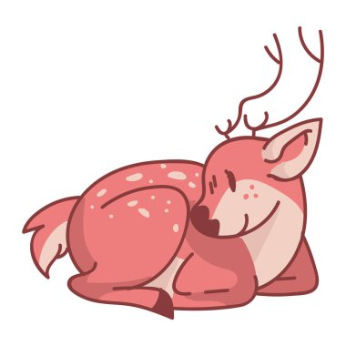 Pembe vektör şirin çizgi film stilize edilmiş geyik hayvan çizimi. Kawaii boynuzlu dişi geyik. Çocuksu el çizimi tarzı. Yavru geyik yuvası dekoru için, boho çocuk modası, moda karalama ormanı .