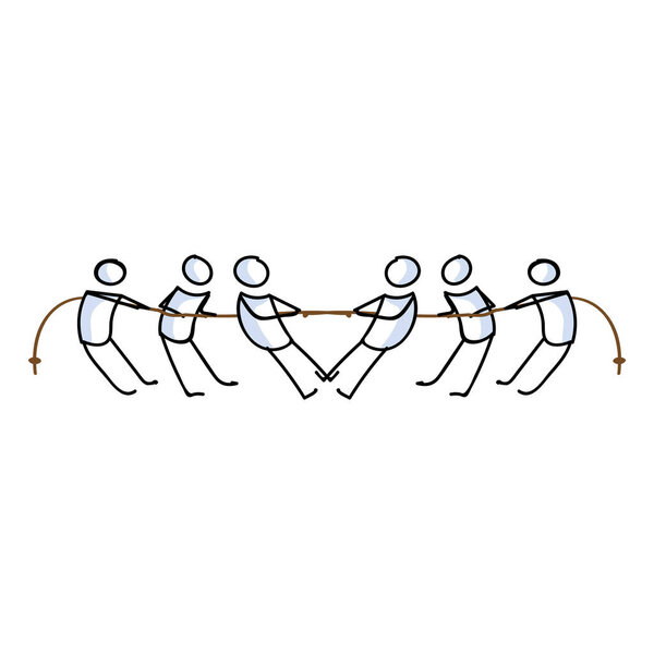 Hand drawn stick figures playing tug of war vector illustration. Competitive effort to win rope sport. Cartoon graphic picture of teamwork and strength for success. Vector cooperation contest. 