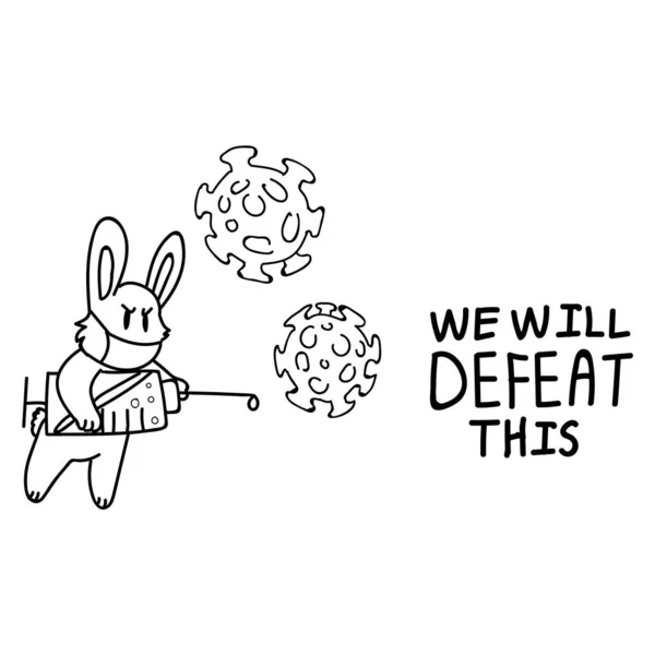 Corona virus crisis we will defeat this monochrome lineart. Covid 19 infographic for cute bunny and syringe. Educational graphic picture of virus. Friendly icon for children. Vector flu caution. — Stock Vector