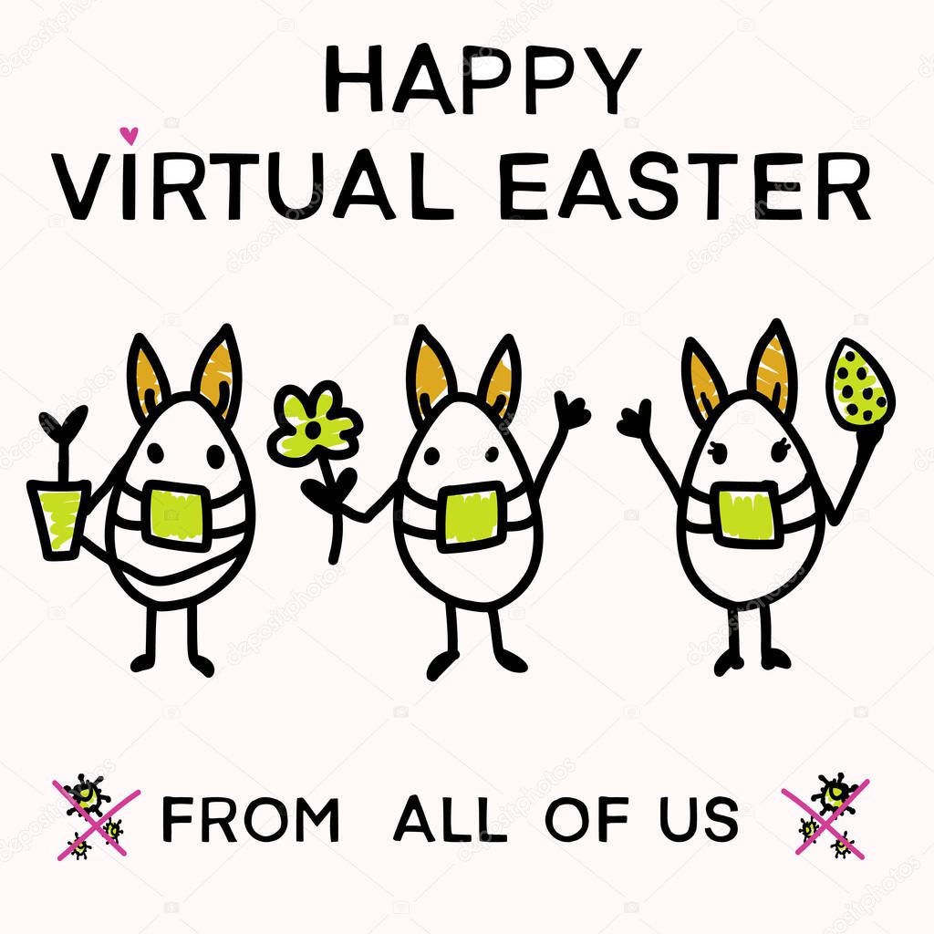 Corona virus happy easter bunny egg social media message. Quarantine virtual business clipart banner. Stay positive covid 19 infographic. Pandemic customer support message. Uplifting together concept 