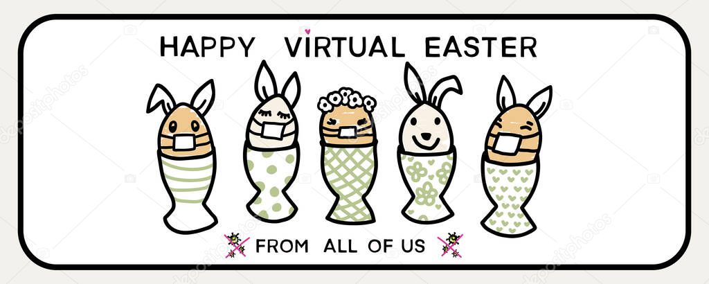 Corona virus happy easter bunny egg social media message. Quarantine virtual business clipart banner. Stay positive covid 19 infographic. Pandemic customer support message. Uplifting together concep