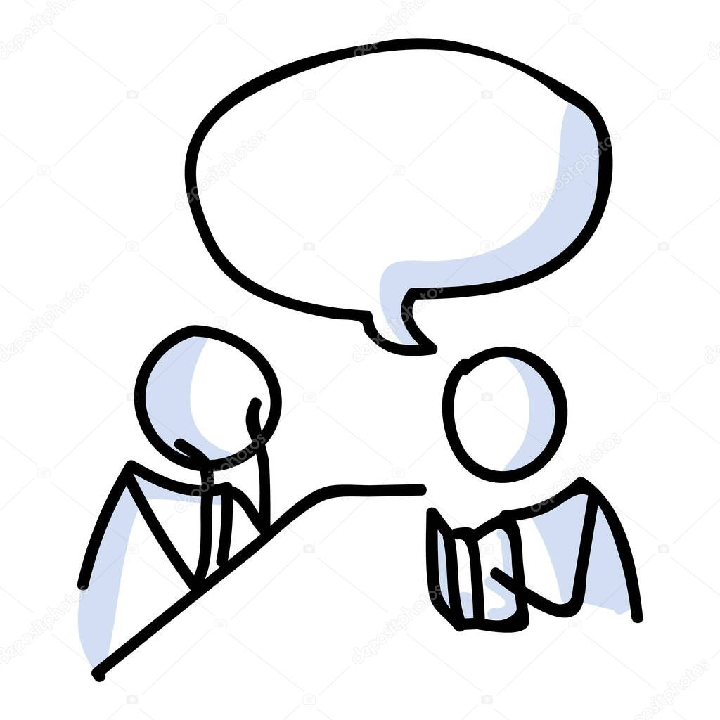Stick figures date conversation with text bubble vector clipart. Speech bubble communication with pictogram between friends. Two stick men on a date illustration graphic. 