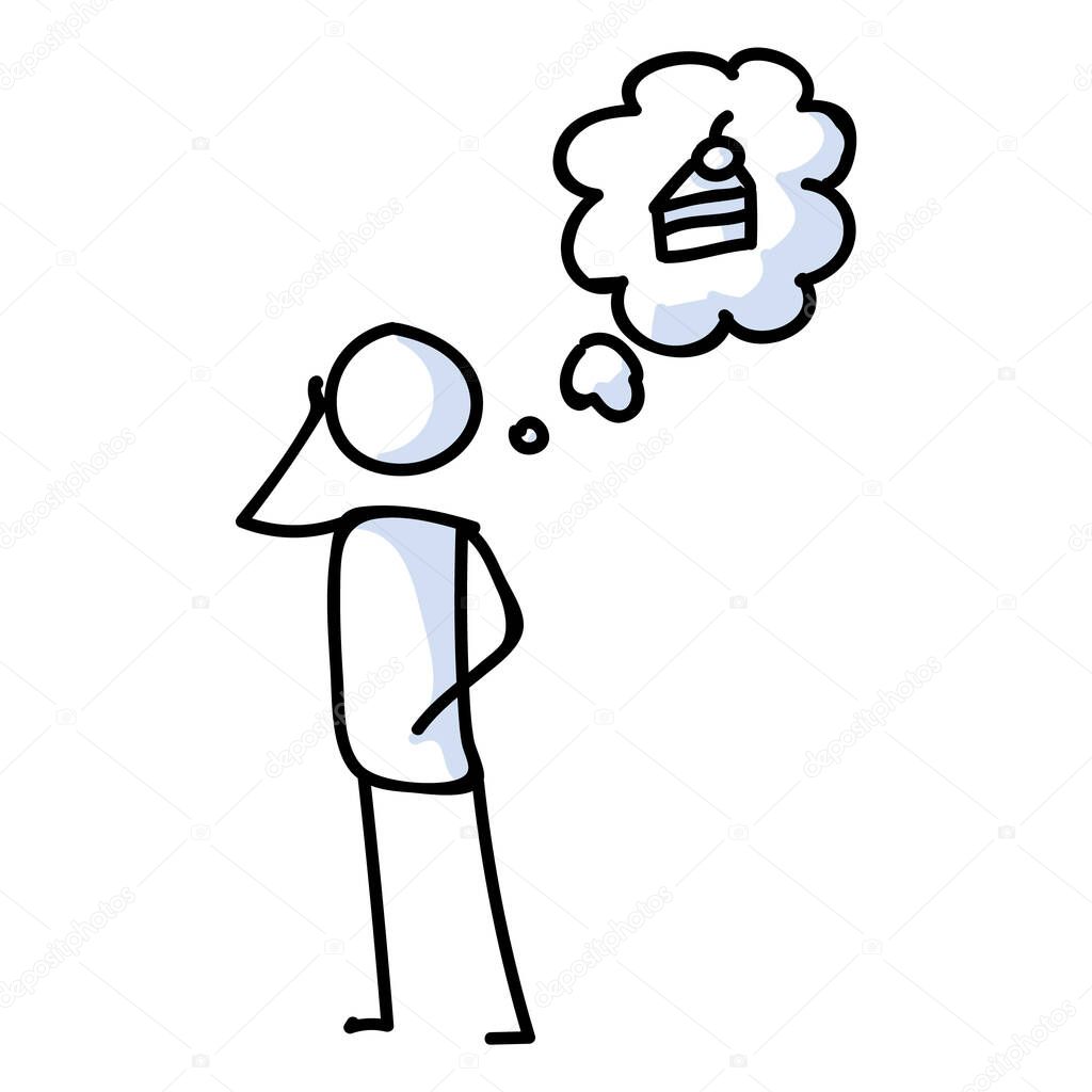 Cute stick figure craving sweet cake on diet lineart icon. Crave food while dieting. Stick men thinking about food treat illustration. Hunger vector graphic. 