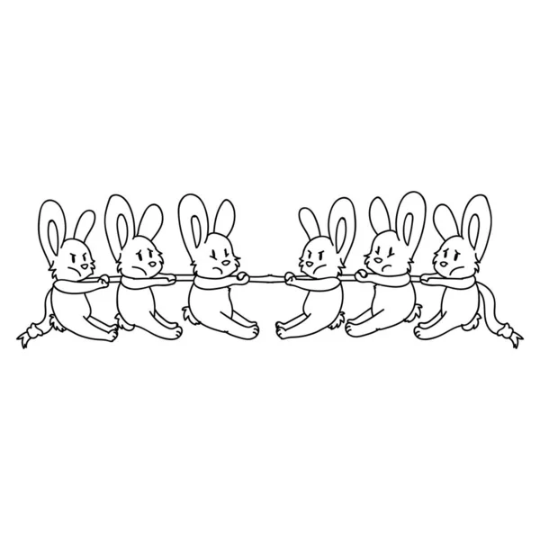 Lapins mignons dessinés à la main jouant à l'illustration vectorielle de guerre. Effort compétitif pour gagner le sport de corde. Image graphique de bande dessinée du travail d'équipe et de la force du succès. Vecteur monochrome lineart . — Image vectorielle