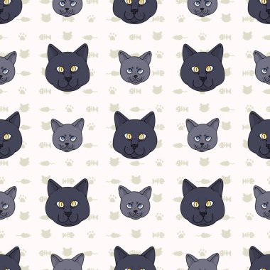 Şirin çizgi film İngiliz kısa hava kedisi ve kedi yüzlü, kusursuz vektör deseni. Soylu kedicik evcil kedi yetiştirir. Kedi sever İngiliz safkanı her yere bulaşmış. Kedi EPS 10. 