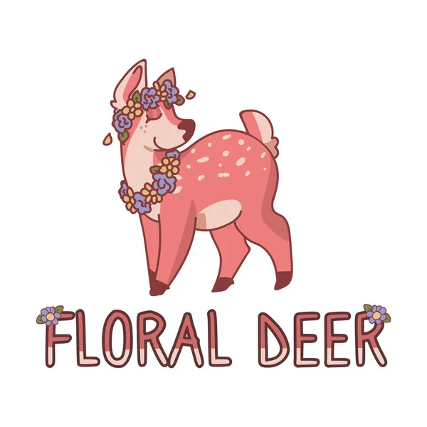 Ροζ χαριτωμένο κινούμενα σχέδια floral ελάφι κείμενο ζώων απεικόνιση. Kawaii κοριτσίστικη ελαφίνα με στεφάνι λουλουδιών. Παιδικό στυλ ζωγραφισμένο στο χέρι. Για βρεφική διακόσμηση, boho παιδική μόδα, μοντέρνα doodle Woodland graphic design — Διανυσματικό Αρχείο