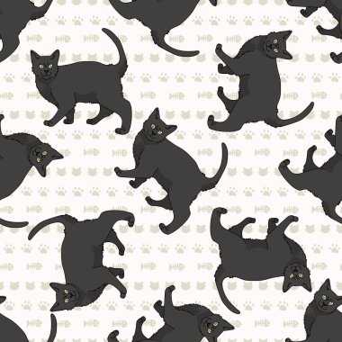 Güzel çizgi film Bombay kedisi kusursuz vektör deseni. Soylu kedicik, evcil kedi soyundan geliyor. Kedi sever siyah Asyalı safkan her yerde parmak izi var. Kedi EPS 10. 