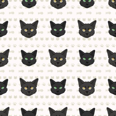 Güzel çizgi film Bombay kedisi ve kedi yüzlü, kusursuz vektör deseni. Soylu kedicik, evcil kedi soyundan geliyor. Kedi sever siyah Asyalı safkan her yerde parmak izi var. Kedi EPS 10. 
