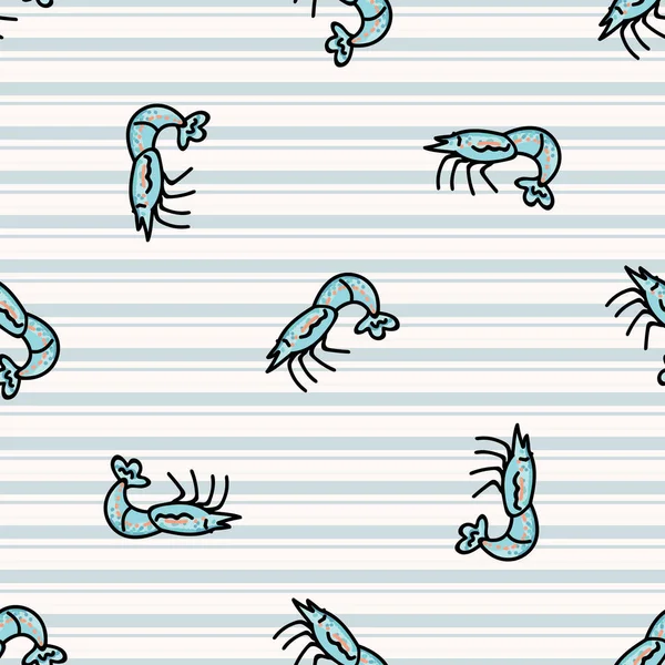 Niedliche blaue Garnelen Cartoon nahtlose Vektormuster. Handgezeichnete Krebstiere für Meereslebewesen Blog. Garnelen-Gliederfüßer überall. Hintergrund der Meeresfauna. — Stockvektor