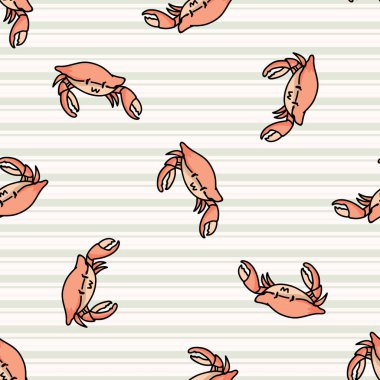 Sevimli kırmızı yengeç çizgi filmi, dikişsiz vektör deseni. El yapımı kabuklu deniz ürünleri fayansları. Basılı deniz blogu, denizcilik grafikleri, deniz yaşamı ev dekorasyonu.