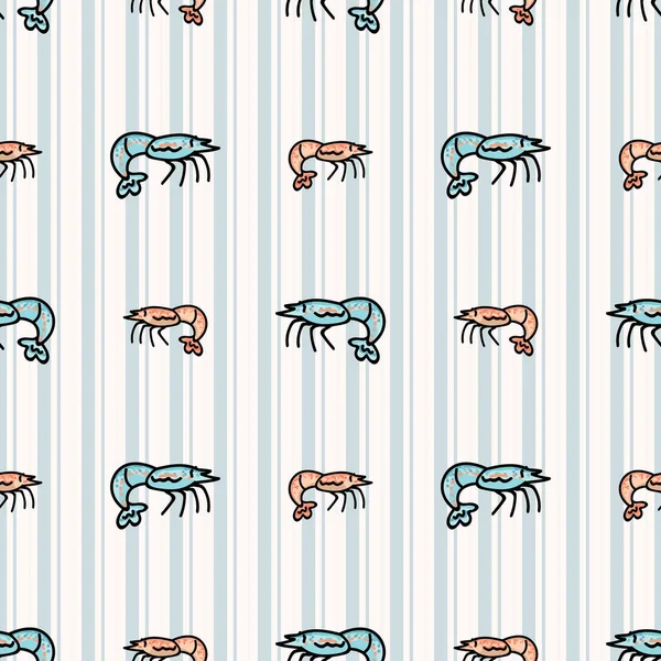 Mignon dessin animé crevettes motif vectoriel sans couture. Crustacé dessiné à la main pour la vie marine blog. Des arthropodes de crevettes partout. Océan fond de faune . — Image vectorielle